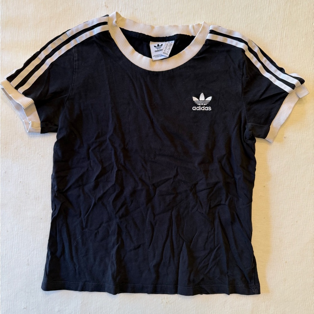 Adidas Women's Black Tee with White Stripes